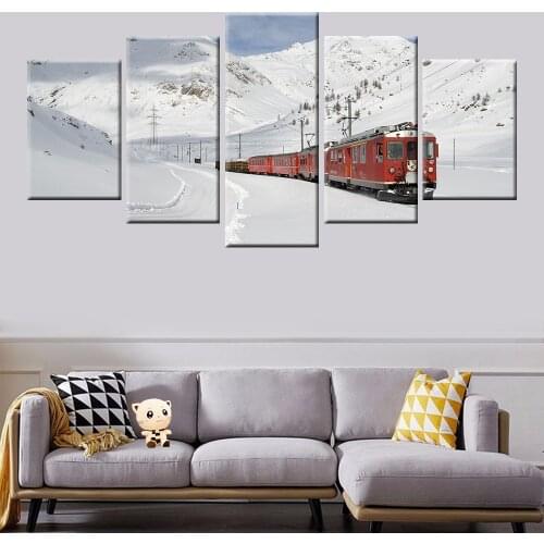 Beautiful Snow View Red Train Poster Canvas Wall Art Frame HD Print Modular 5 Panel Living Room Bedroom Mural