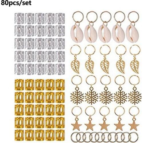 80pcs Polished Dreadlocks Jewelry Pendants DIY Clips Rings Loops Stars Hair Braid Set Easy Use Metal Cuffs Leaves Decorative