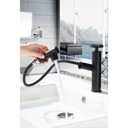 Black Brass pull out bathroom sink faucet copper cold hot water basin mixer faucet with two functions spray jet
