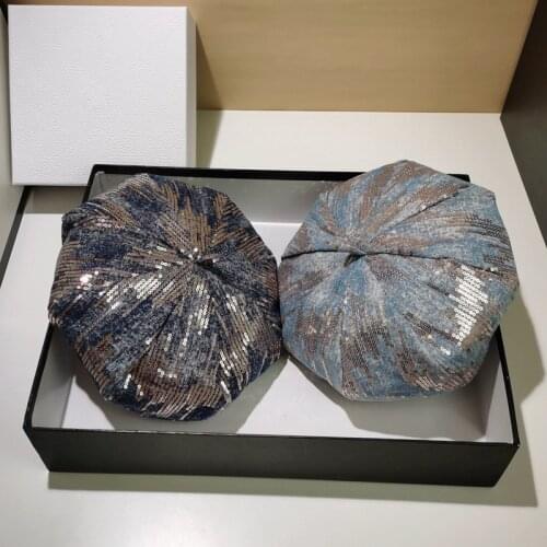 202107-xx NEW ins Denim fabric sequins Street fashion lady beret hat women Leisure painter hat
