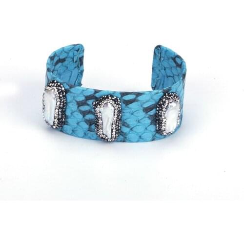 Natural Irregular Long Freshwater Pearl Bead Charm Pave Rhinestone Sky Blue Real Leather Adjusted Big Open Bangle Cuff For Women