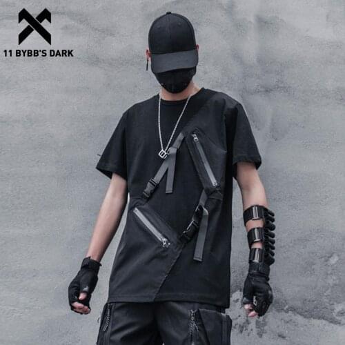 11 BYBBS DARK 2021 Ribbon Patchwork Hip Hop T-Shirt Men Functional Harajuku Tshirts Cotton Loose Short Sleeve Shirts Streetwear