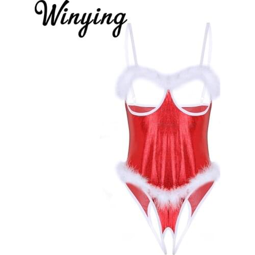 Red Shiny Metallic Christmas Lingerie Women Sexy Nightwear Feather Trim Open Cup Crotchless Teddy Bodysuit Xmas Erotic Underwear
