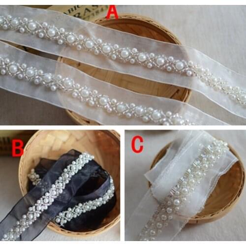 2 Meters/Lot Ivory Pearl Lace Fabric With Beads Clothing Accessories Collar Flower DIY Handmade Beading Lace Trim Sewing