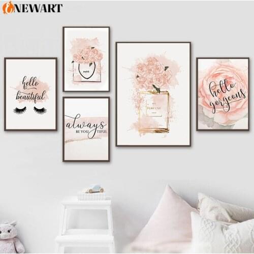 Fashion Make Up Pink Canvas Painting Poster Rose Flower Perfume Wall Art for Girl Bedroom Decorative Picture Flora Decor Art