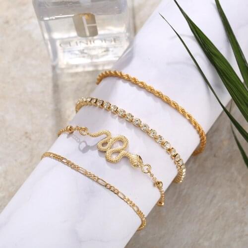 Trendy Summer 4pcs/set full diamond snake-shaped chain multi-layer Anklets for Women Ankle Accessories Jewelry Gift
