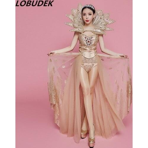 Fashion Women Star Singer Concert Costume Celebration Performance Clothes Nightclub Bar Catwalk Stage Outfit Gold Crystals Sets