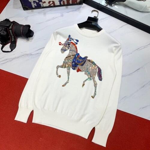 Cashmere100% Hot Selling Rhinestone Fashion Mens Sweater Personality Street Youth Long-Sleeved Animal Print Pullover