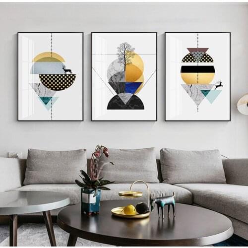 Fancy Abstract Geometric patchwork Tree deer birds modern decorative Picture Canvas Wall Art Poster for room hotel office decor