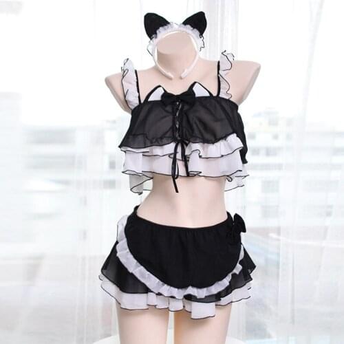 Japanese Women Cute Cat Cosplay Lingerie Sets Lolita Anime Bikini Underwear Sexy Lace Chiffon Maid Pajamas Ladies Costumes Pink