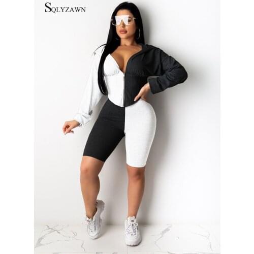 Autum Women Two Piece Outfits 2020 Streetwear Color Block Corset Hoodies and Skinny Shorts Set Chic Sportwear Streetwear XXL