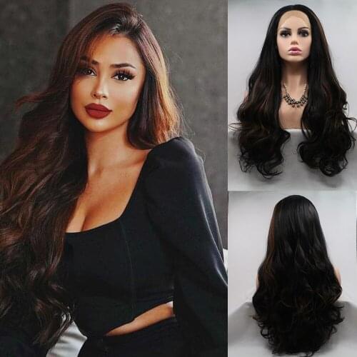 Baicheng Brown Wavy Lace Front Wig Long Curly Wavy Middle Part Synthetic Wigs For Women Glueless Lace Wigs Heat Resistant Fiber