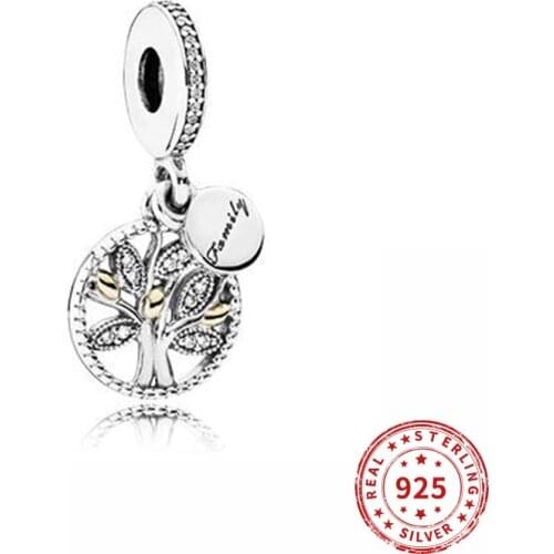 Real 925 Sterling Silver bead Sparkling Family Tree Dangle Charm for Women Fit Pandora Bracelets Bangles DIy Jewelry