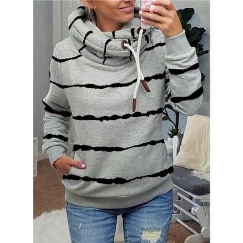 Stripes Printed Turtleneck Harajuku Sweatshirt Womens Long Sleeve Pocket Casual Hoodie Autumn Winter Pullovers Moleton Feminino