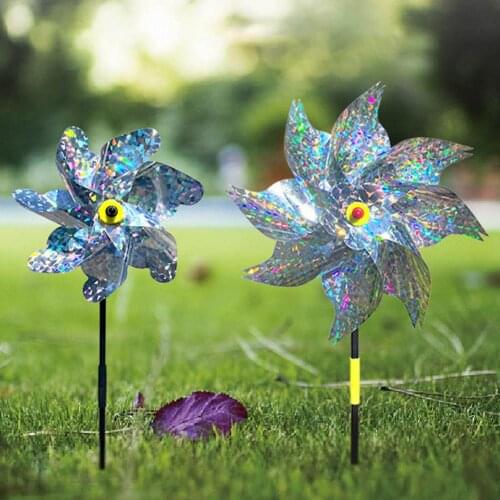 Gardens Windmill Silver Flower Strong Bird Reflective Rotation Laser Exorcism Pinwheels Garden Decoration For Drive Bird Away