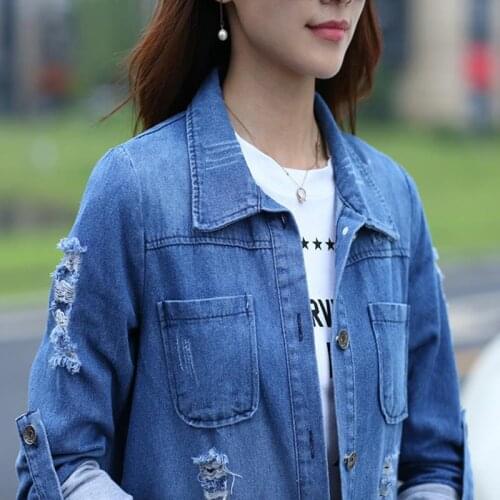 Korean Long Denim Coat Large Size Spring Autumn Women Casual Coats Long Sleeve Thin Denim Jacket Hole Windbreaker Female