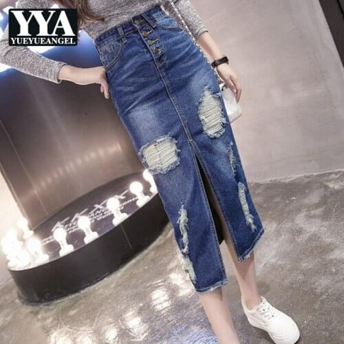 Summer Plus Size 4XL Women Denim Skirt Mid Calf Hole Ripped Jeans Skirt Ladies Bodycon Split Buttons High Waist Wrap Long Skirts