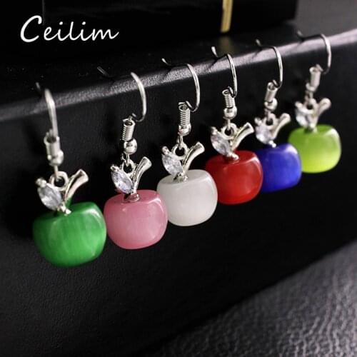 Pink Green Lovely Apple Dangle Earrings for Women Fashion Jewelry 2019 New Korean Opal Crystal Drop Earring Pendientes