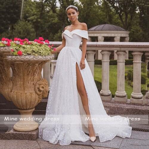 Sweetheart Off Shoulder Sexy Side Split Lace Corset A-Line Boho Wedding Dresses 2021 Bridal Gown Vestidos De Novia