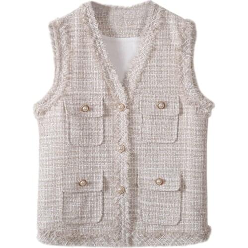 Spring Autumn New Fashion Tweed V-Neck Waistcoat Women Korean Single Breasted Sleeveless Jacket Short Vest Temperament Coat G941