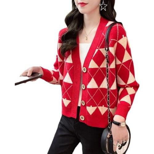 Womens Knitted Cardigan Fashion Color matching All-match Sweater Women Autumn Winter Loose Short Long Sleeve Knitwear Female