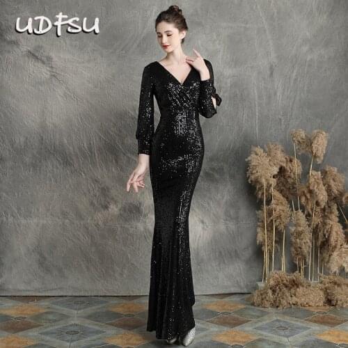 UDFSU Women V-Neck Long Sleeve Evening Dress Sexy Bodycon Mermaid Dresses Floor Length Vintage Party Gowns