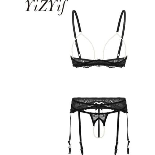 3Pcs Womens Erotic Pearl Lace Lingerie Set Open Cups Bra Top with Garter Belt and Crotchless G-string Briefs Sexy Nightwear