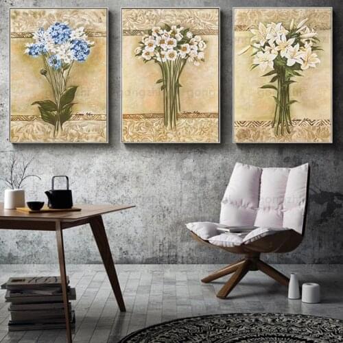 Flower Canvas Painting Daffodil Hydrangea Lily Retro Printing Hd Poster Home Living Room Cafe Gardening Wall Texture Decoration