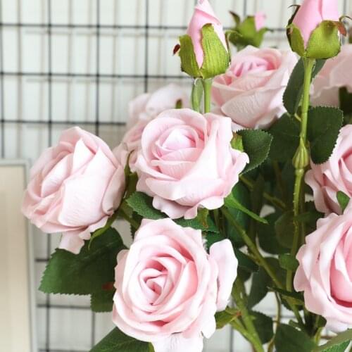 7Pcs Flannel Cloth Rose Artificial Flower Decoration Wedding Background Wall 3 Heads Rose Fake Flowers Home Garden Decoration