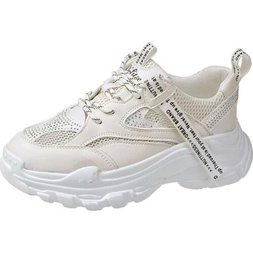 Women Sneakers Premium Fashion Mesh Chunky Sneakers Crystal Casual Shoes Autumn Thick Sole White Dad Flats Platform Shoes