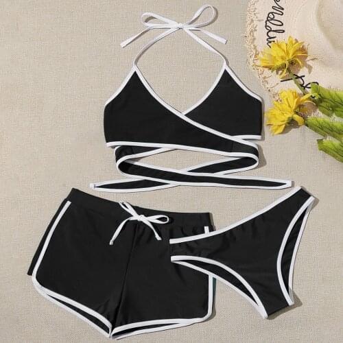 Summer Womens Solid Color Bikini Set Casual Swimsuit Three Piece Filled Bra Swimwear Beachwear Swimming Maillot De Bain Femme