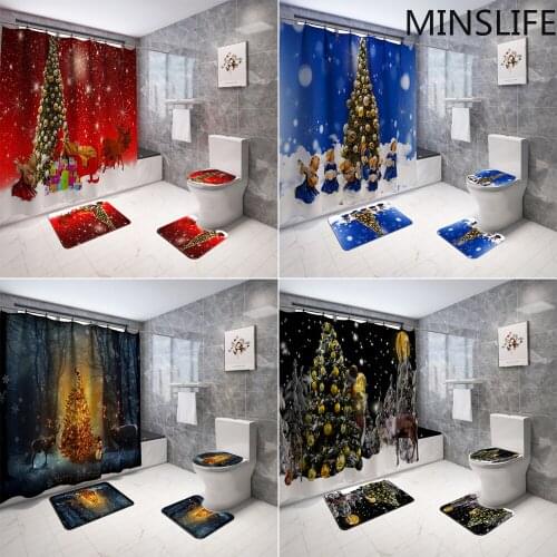 Fashionable Christmas Shower Curtain Set Bath Mats Rugs Elk Snowman Bathroom Bathing Screen Anti-slip Carpet Festival Decor