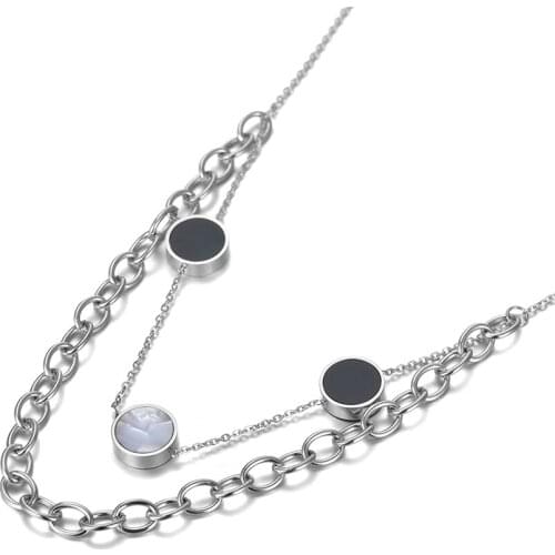 Original Double Layer Round Pendant Necklace For Women Stainless Steel Bohemia Acrylic & Shell Choker Necklace N20134