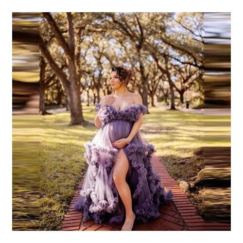 Sexy Purple Puffy Tulle Maternity Dresses Plus Size Cap Sleeves V Neck Ruffles Front Split Tiered Ruffles Pregnancy Gowns