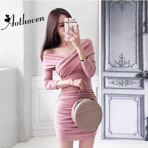 Plus Size Draped Bodycon Bandage Dress Autumn Women Pink Long Sleeve Slash Neck Sexy Party Wrap Dress 2018 Ladies Black Dresses