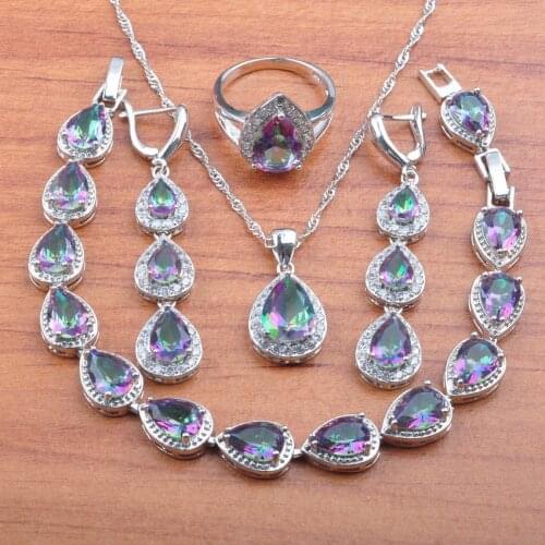 Russian style Rainbow Zirconia Jewelry Sets Silver Color Gifts For Women Earrings Necklace Pendant Rings Bracelet Set JS0570