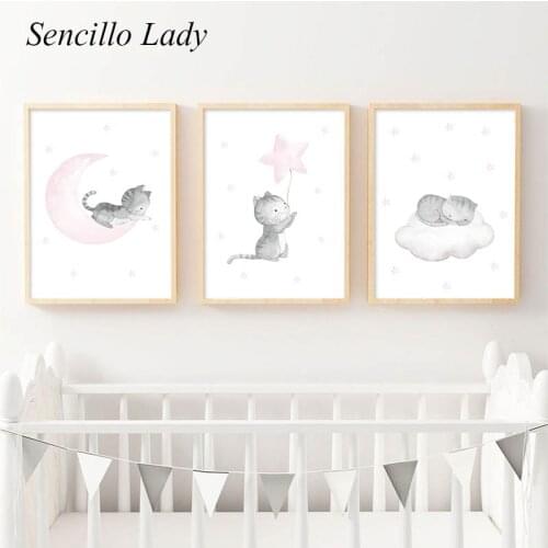 Pink Moon Star Cat Nursery Poster Animal Canvas Art Print Child Wall Painting Decorative Picture Baby Girl Cute Room Decoration