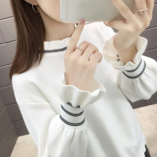 2020 New Autumn Winter Womens Flare Sleeve Sweater Casual Loose Bottoming Shirt Long Sleeve Turtleneck Striped Jumper Jersey