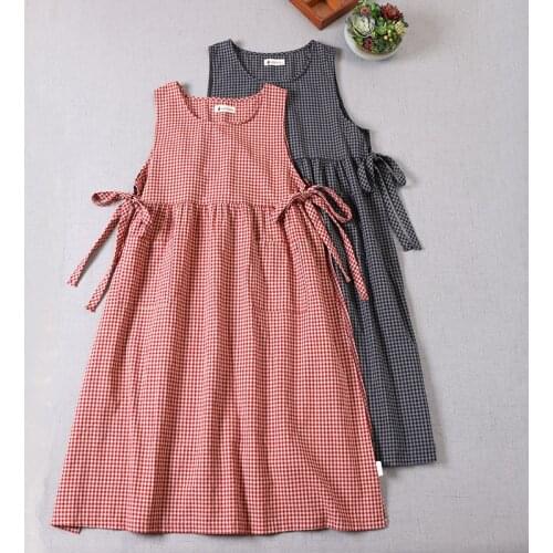 Japanese female literary plaid sleeveless cotton dress mori girl