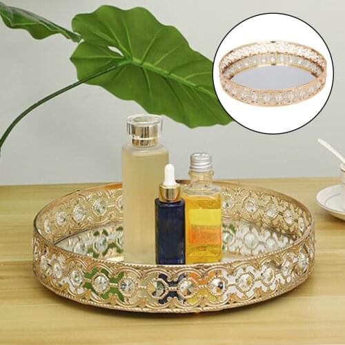 Mirrored Crystal Vanity Tray Decorative Round Jewelry Tray Home Bathroom Bedroom Table Decors for Perfum, Jewelry Makeup