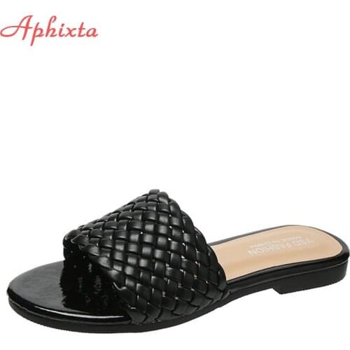 Aphixta 2021 New Summer Weave Flip Flops Women Flat Heel Slippers Ladies Contexture Shoes Slides Plus Szie 41 42