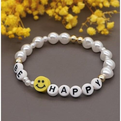 Go2Boho Smiley Face Pearls Beaded Bracelets BE HAPPY Letter Bracelet For Women Elastic Pulsera Pearl Beads Smile Fashion Jewelry