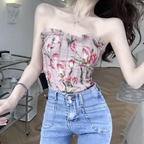 French Retro Floral Print Sleeveless Tank Tops Women 2021 Summer Fashion Ruffles Strapless Wrapped Chest Sexy Backless Crop Top