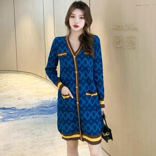New Fall Runway Womens Clothes Knitted Plaid Stripe Patchwork Elegant V Neck Warm Sweater Vintages Slim Dress Vestidos Robe