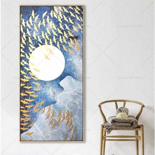 Gold Bird Flying Blue SKY Oil Painting Landscape Gold Abstract 100% Hand Painted Furnishing Restaurant Oil Painting On Canvas