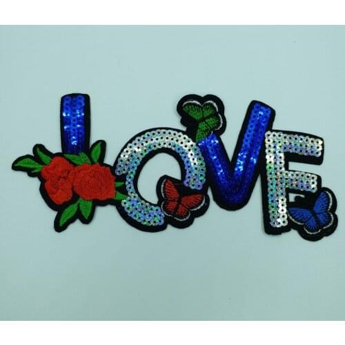 1pc Love letters sequins patches for clothing sew on or iron on parches for clothes Embroidery rose applique