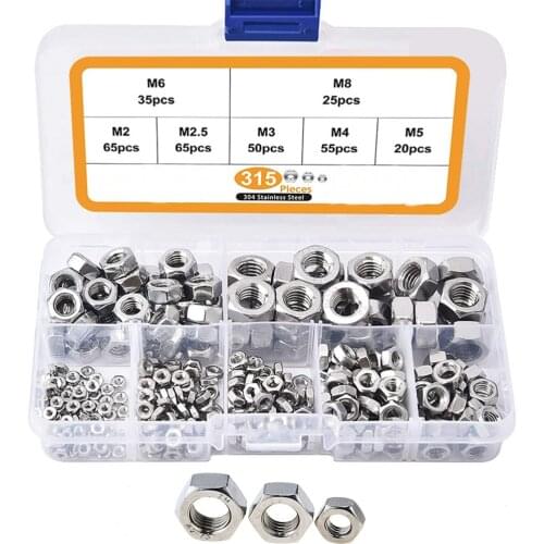 315PCS/Box Hex Hexagon Nuts Assortment Kit M2 M2.5 M3 M4 M5 M6 M8 Stainless Steel Metric Hex Nuts Set DIN934