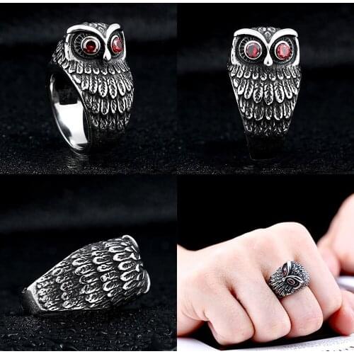 316L Red CZ Eyes Owl Men Calvarium Skull Punk Vintage Ring Gothic High Quality Stainless Steel Biker Rings Motorcycle jewellery