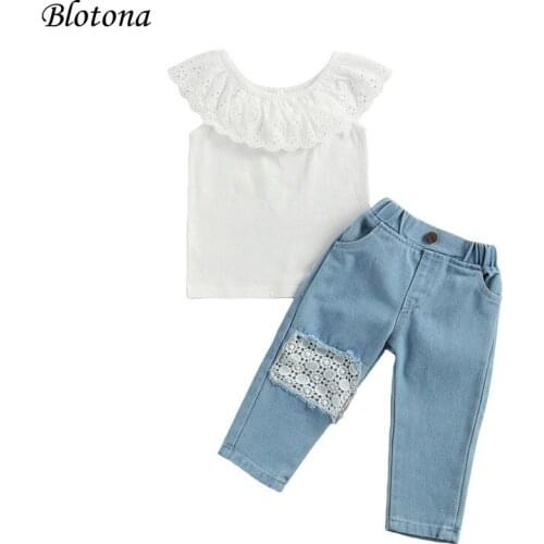 Blotona Kids Girl Off Shoulder Flouncing Tops, Lace Jeans, Short Sleeve Side Pockets Party Street Summer 2-Piece Suit 1-6Years