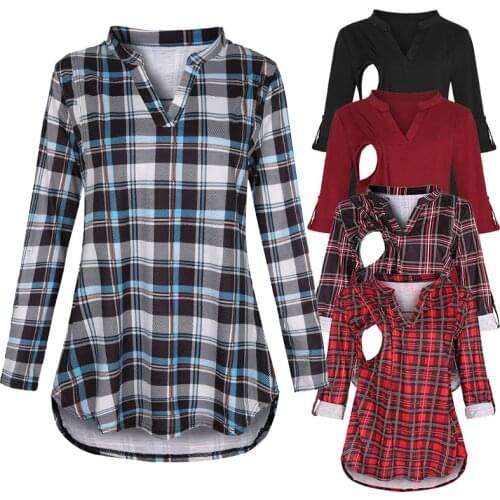 Pregnant Women Breastfeeding Blouses Autumn Winter Printed Plaid Shirts V-neck Fashion Big Size T-shirt for Maternity Lady S-XXL